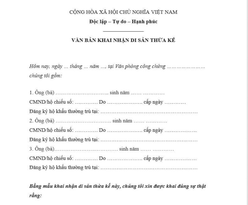 Mẫu văn bản thừa kế quyền sử dụng đất