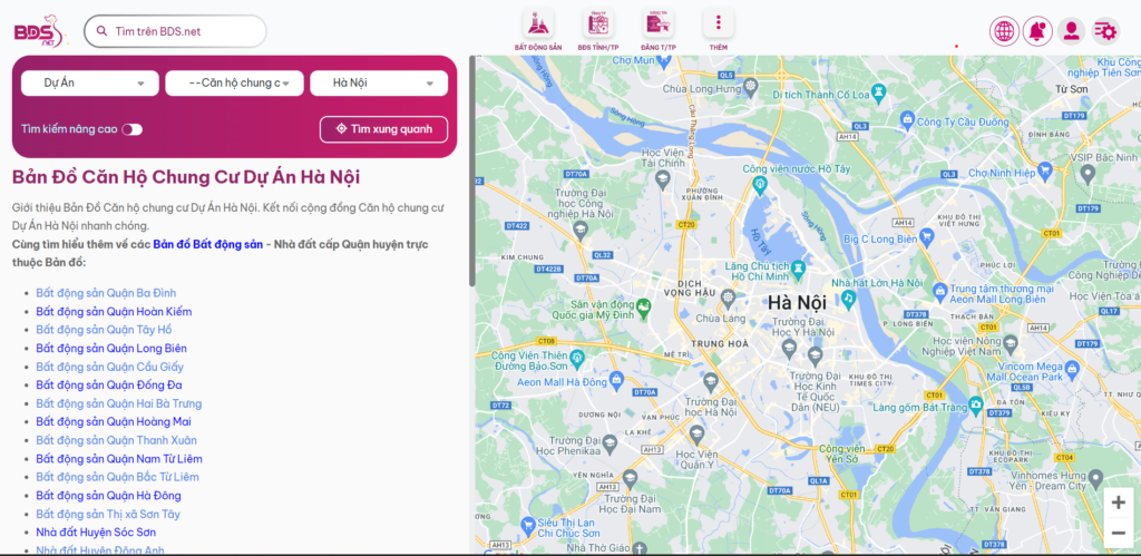 Ảnh: Bản đồ số của BDS.NET về dự án căn hộ chung cư tại Hà Nội